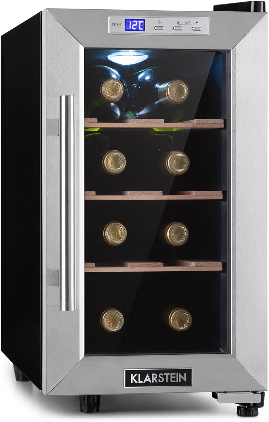 Klarstein Wine Fridge, Drinks Fridge Slim, 1 Zone Fridge with Glass Door, Outdoor Drinks Fridges, Freestanding, Small Wine Refrigerator, Fridge with UV Protection, 11-18°C, 8 Bottles
