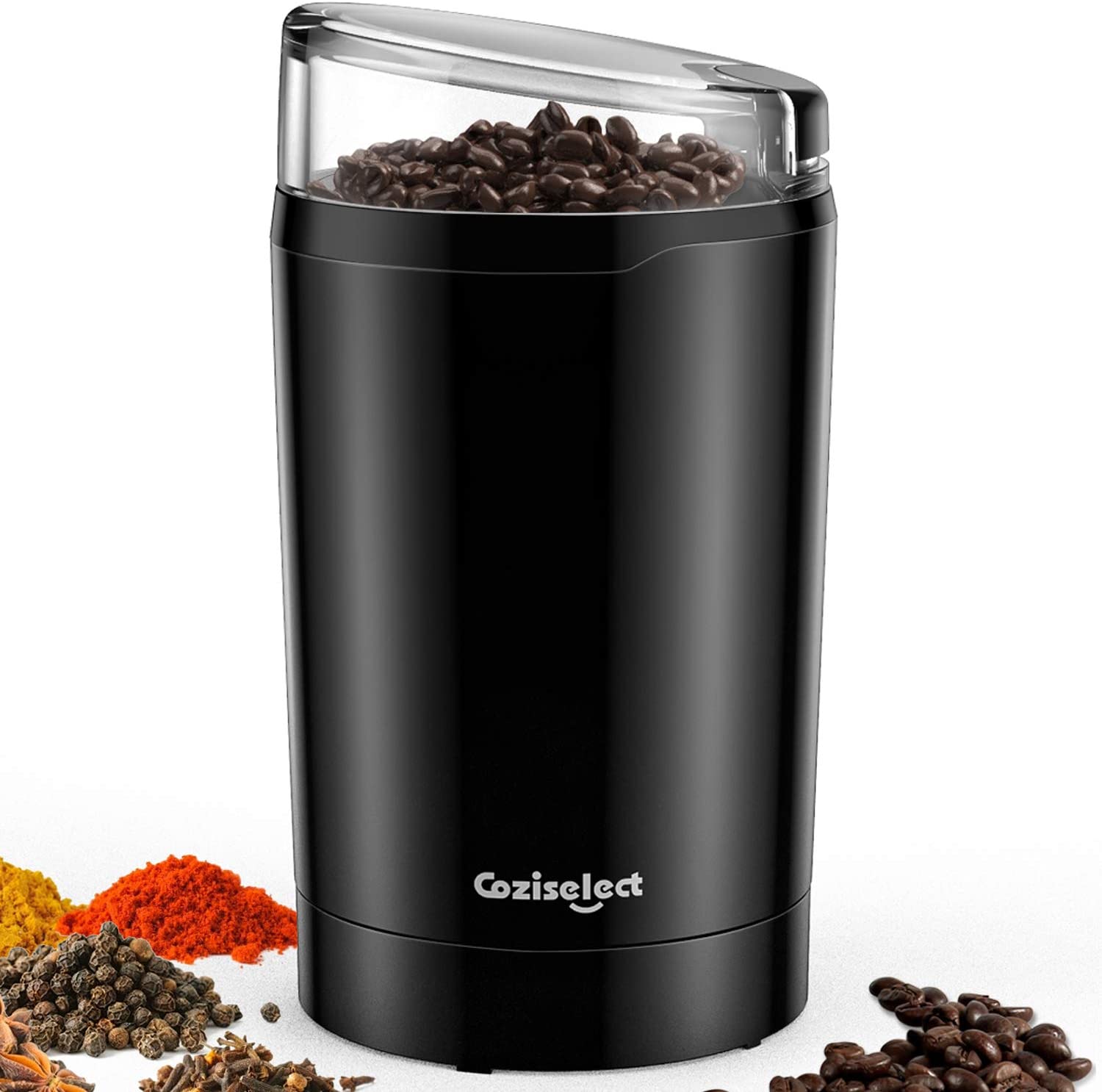 Coziselect electric coffee grinder for coffee beans, nuts, spices, grain mill with stainless steel blades, 75 g capacity, 220 W, black