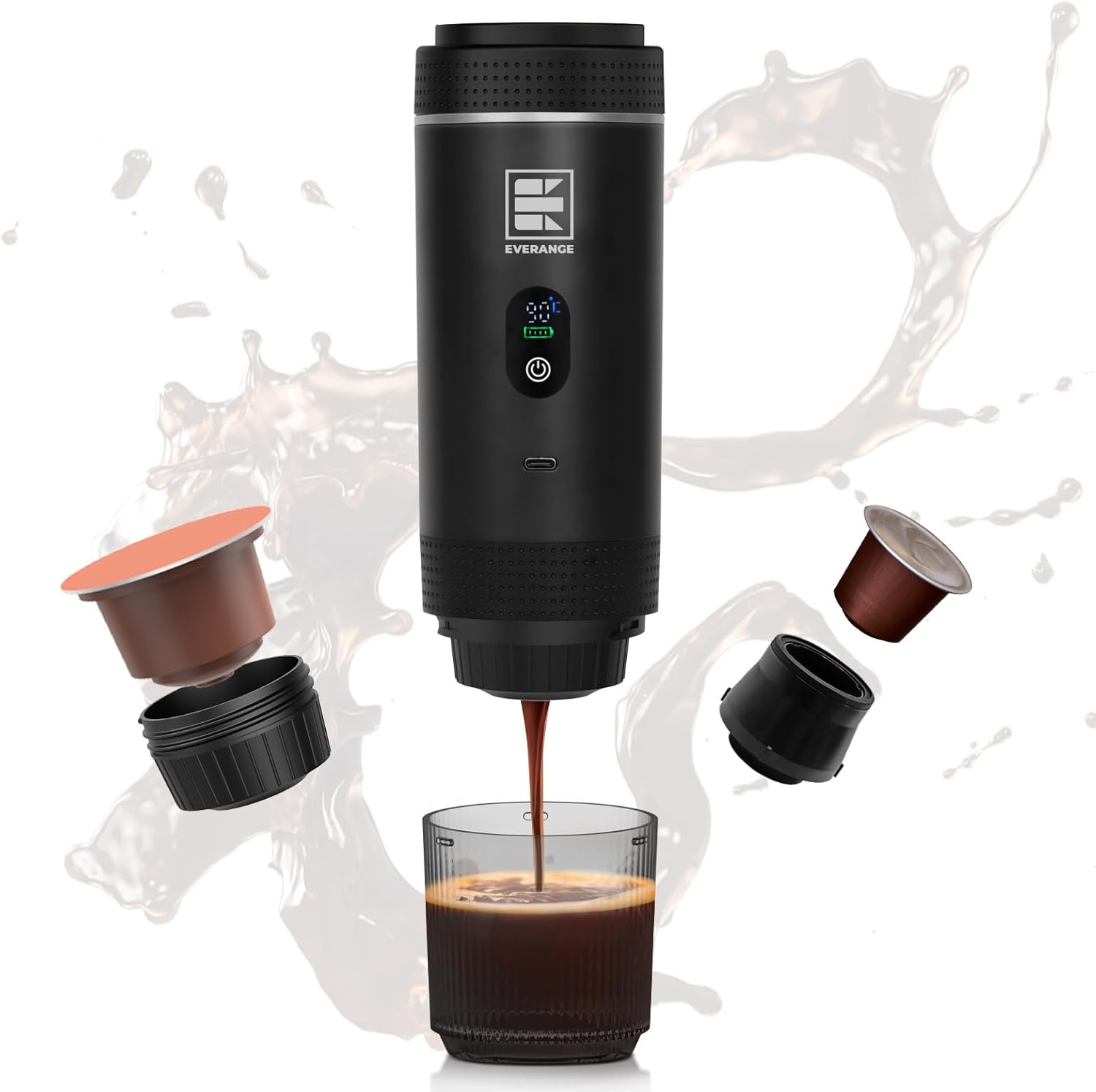 Portable Electric Espresso Machine, Travel Coffee Maker, Compatible with Ground Coffee and NS Capsules (Black with LCD Display)