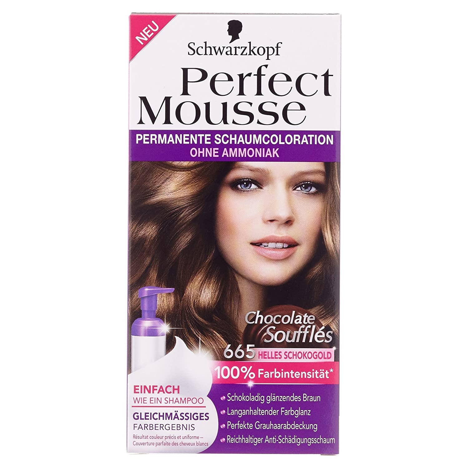 Schwarzkopf Perfect Mousse Coloration level 3, 665 light chocolate gold, chocolate soufflés, 93 ml