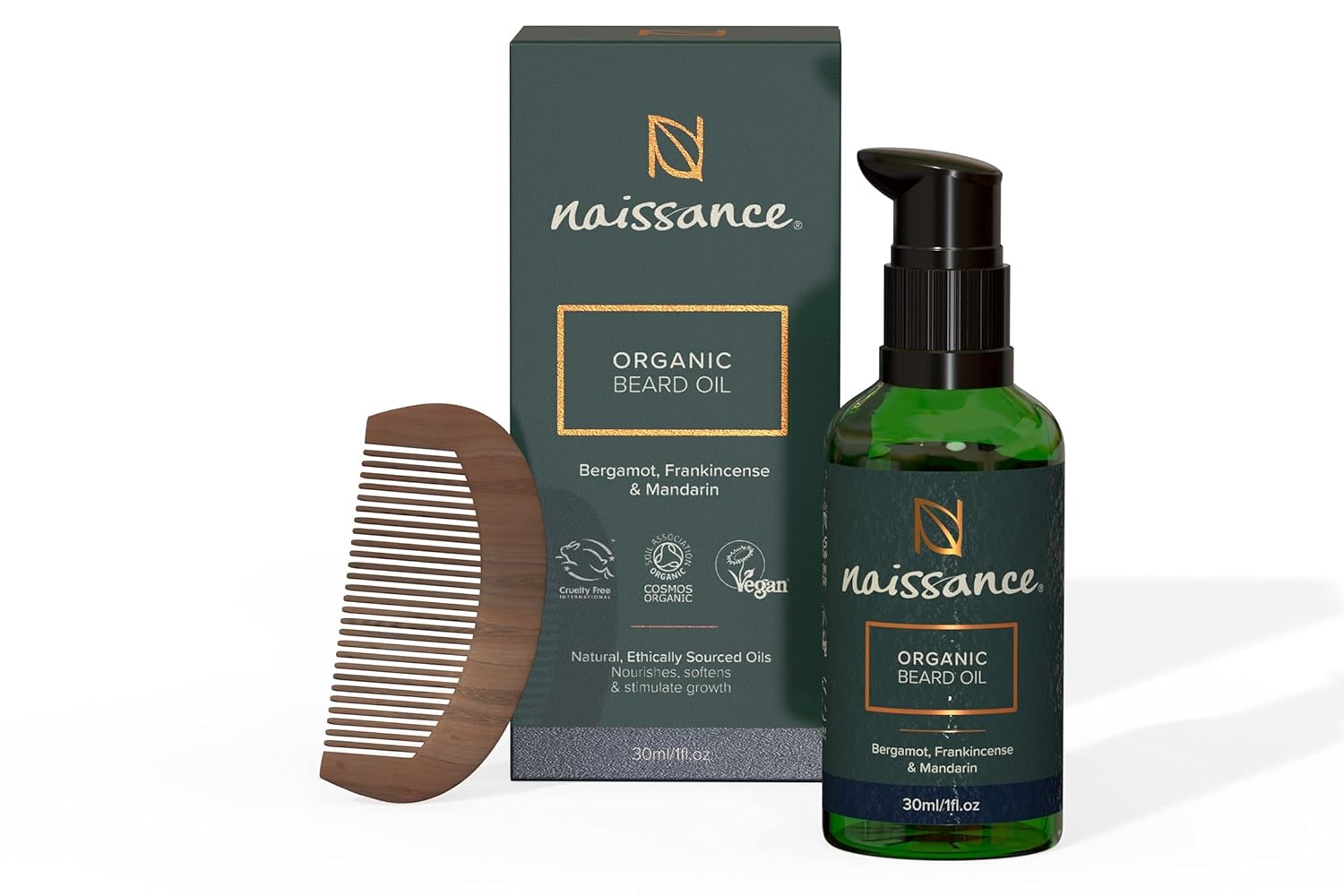 Naissance Organic Beard Oil 30 ml & Wooden Comb Set - Natural Beard Care with Castor Oil Argan Oil & Jojoba Oil - Beard Growth & Skin Care Gift Set for Men - Scented Bergamot, Frankincense & Mandarin