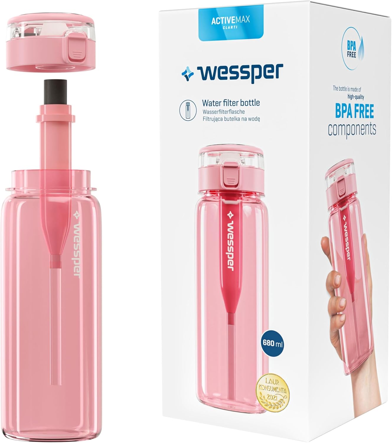 Wessper Water Bottle 680 ml with Water Filter, Leak-Proof Sports Bottle, BPA-Free with Activated Carbon Filter, Tritan Water Bottle for Sports, Gym, Fitness, Bicycle, School and Children - Pink