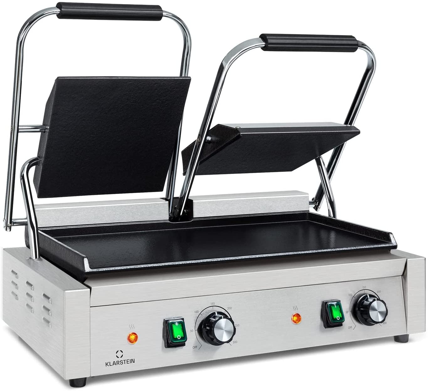 Klarstein Grillexpress Paninimaker Contact Grill - 2 x 1800 W Stainless Steel Cast Iron LED Indicator, 50 - 300 °C, 8 mm Thick Grill Surface, Metallic, Brushed Stainless Steel, Smooth Surface