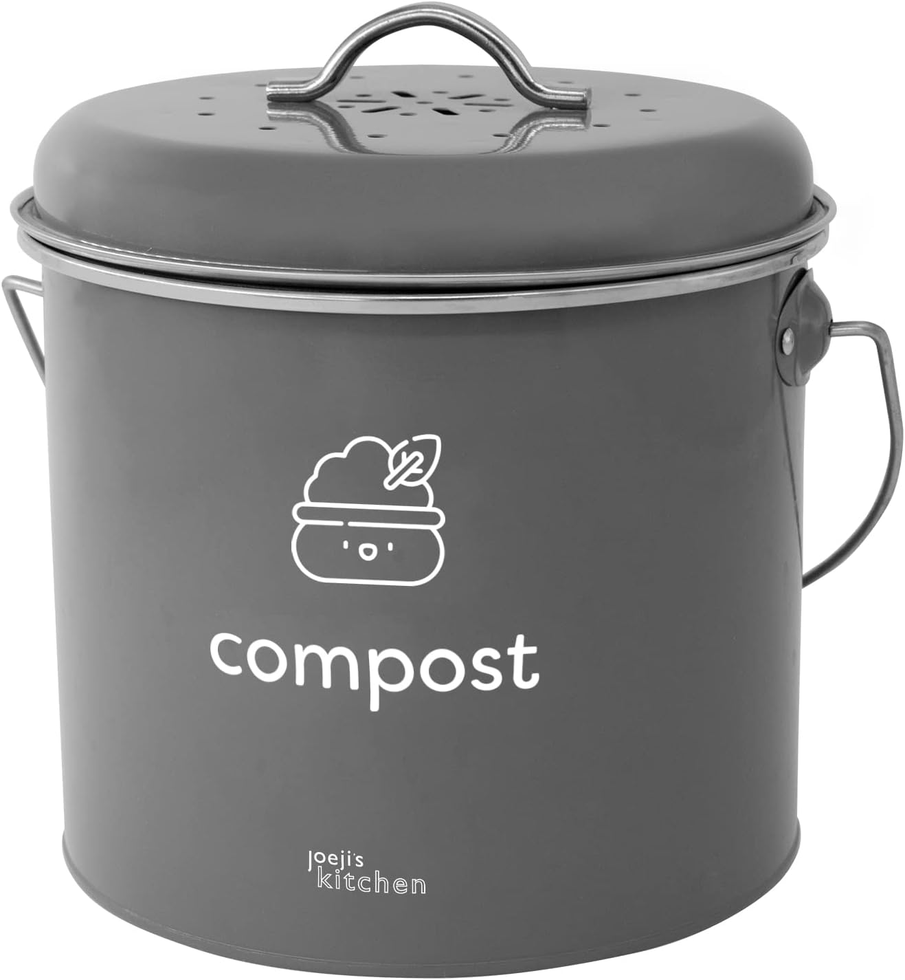 joeji\'s Kitchen 3.5 L Large Organic Waste Bin for the Kitchen - Metal Compost Kitchen Compost Bin with Lid - 3 Activated Carbon Filters Included - Kitchen Organic Waste Bin - Gray