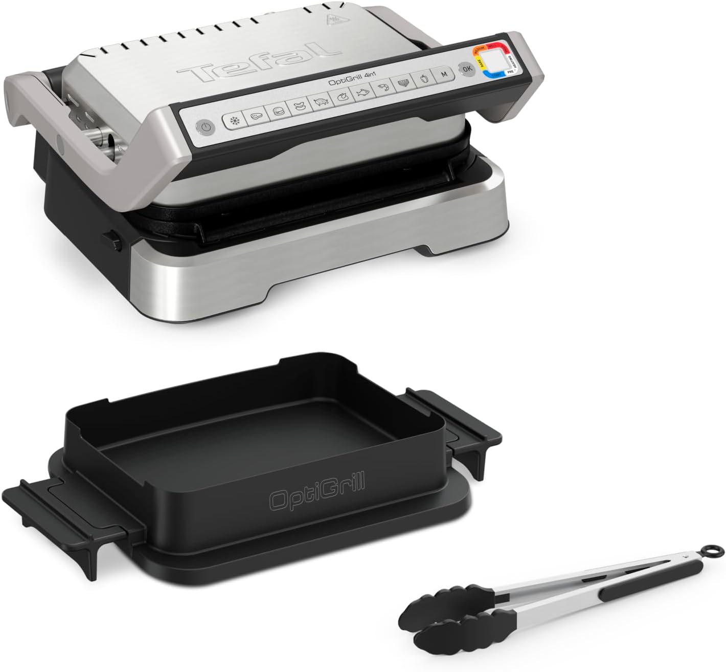 Tefal OptiGrill 4-in-1 Contact Grill with Baking Tray, Hinged, Table Grill, 9 Automatic Programs, Cooking Level Display, Dishwasher-Safe Parts, Electric Grill, Oven, GC776D10