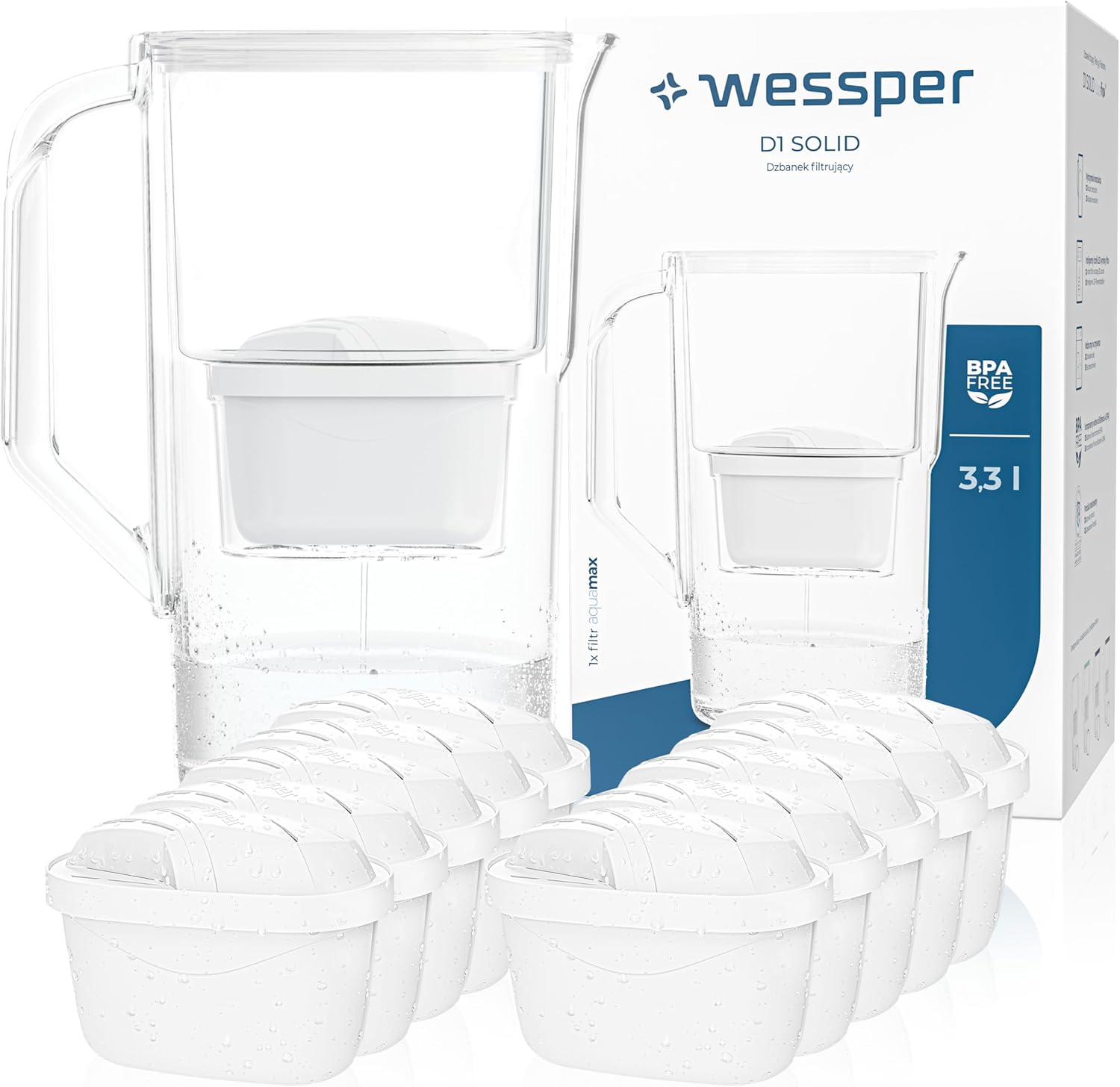 Wessper Water Filter Jug 2.8 L Aqua Max Basic, Set Water Jug and 10 Filters Compatible with Brita Maxtra, Water Filter System Reduction of Limescale, Chlorine - White