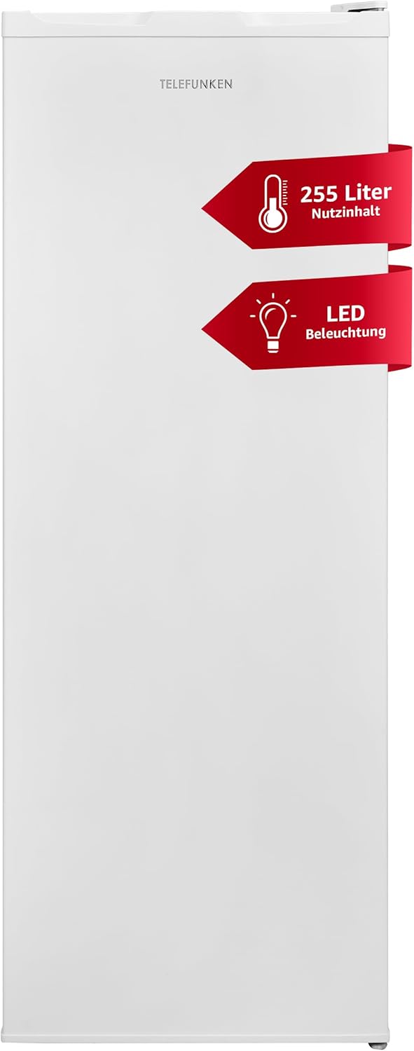 TELEFUNKEN Fridge without Freezer 255 Litres | Standing Fridge Large | Full Room Fridge Freestanding with Vegetable Compartment | LED Lighting | Door Hinge Changeable | KTFK265EW2 White