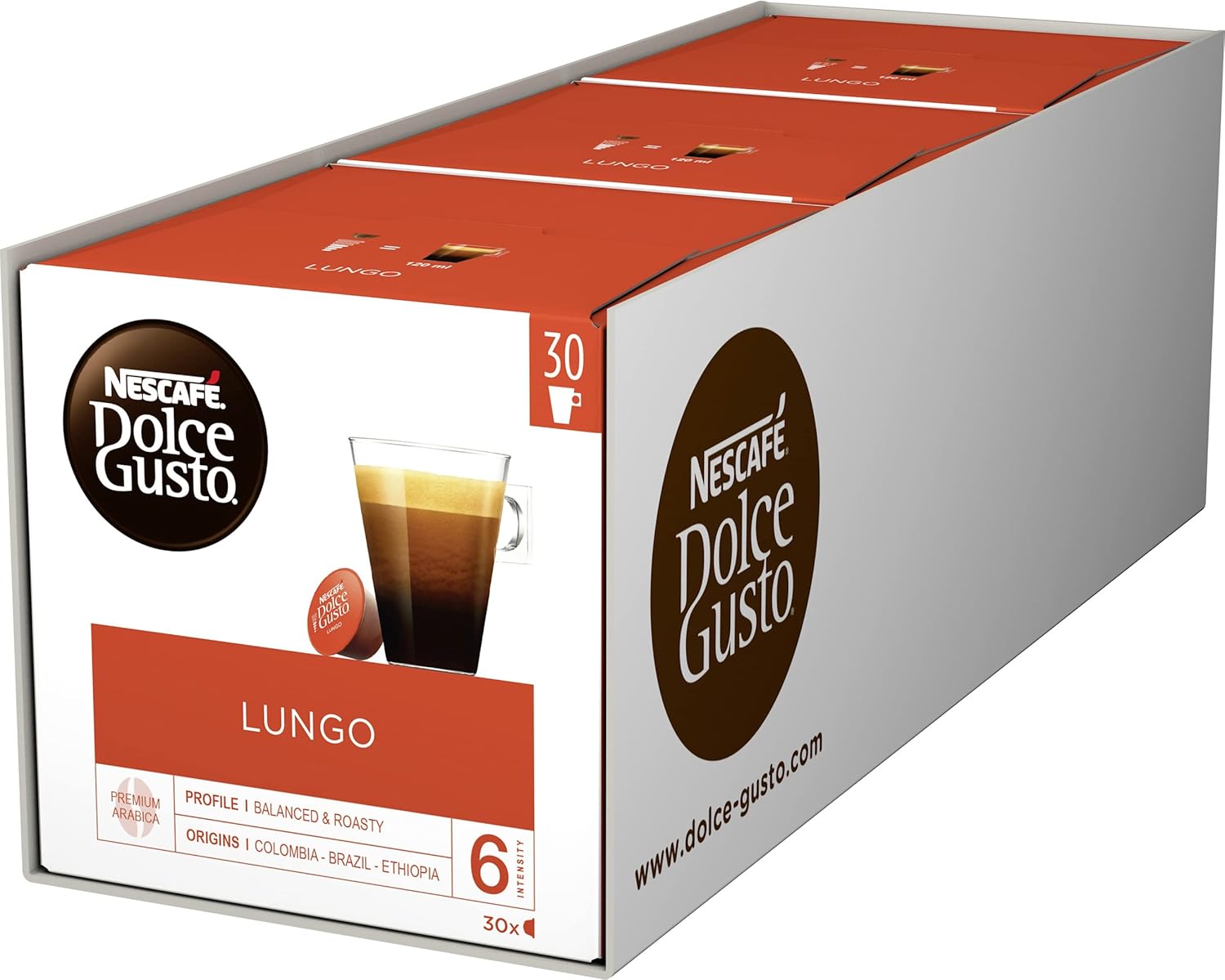 NESCAFÉ Dolce Gusto Lungo Coffee Capsules (100% Arabica Beans, Fine Crema and Strong Aroma, Quick Preparation, Aroma Sealed Capsules), Pack of 3 (3 x 30 Capsules)