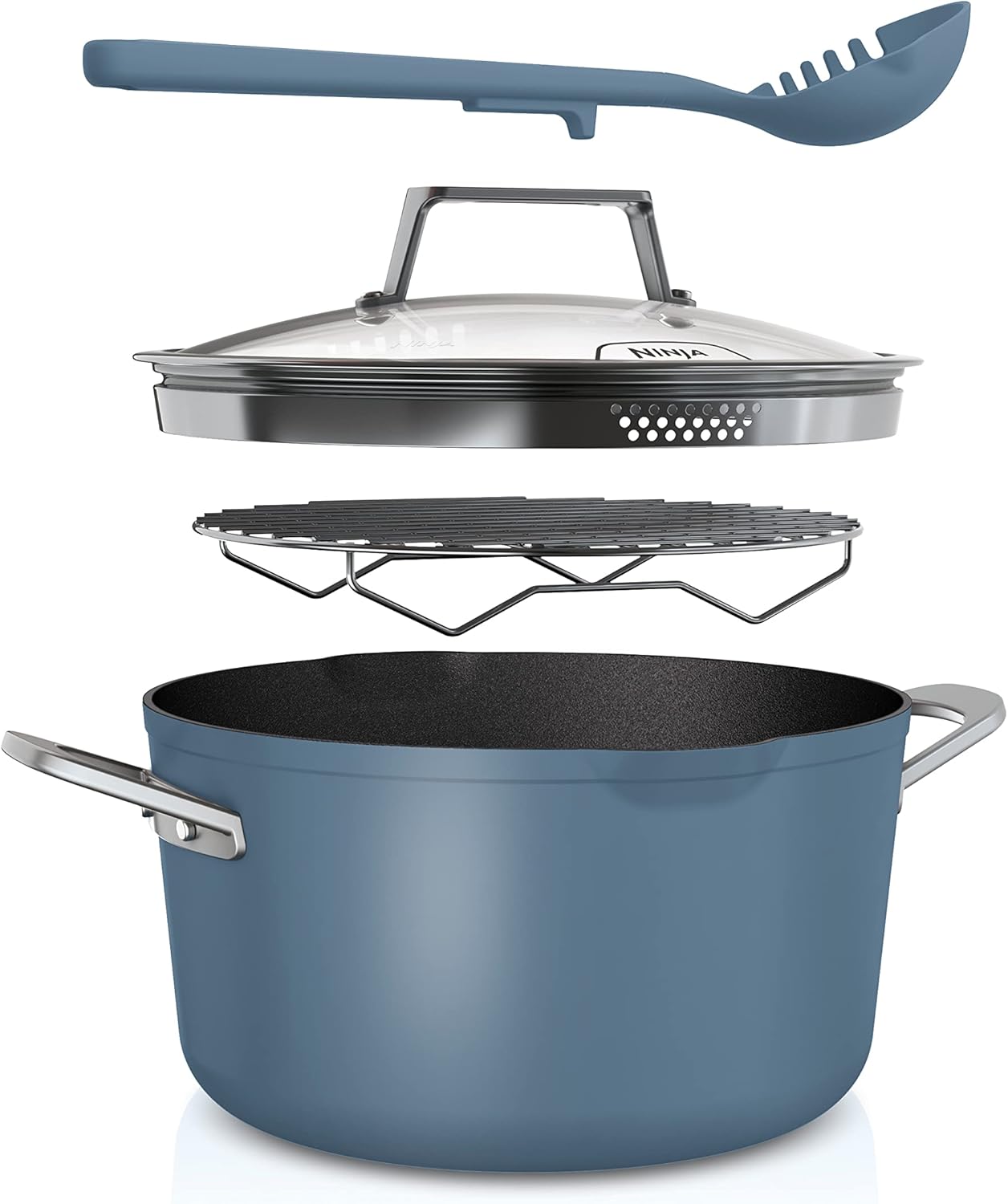 Ninja Foodi CW202BLUK 8-in-1 PossiblePot with ZEROSTICK, Roasting/Steam Rack, Strainer, Utensil, Glass Lid, 6.6 L, Suitable for Induction, Oven Safe up to 260 °C, Blue Macaron, CW202BLUK