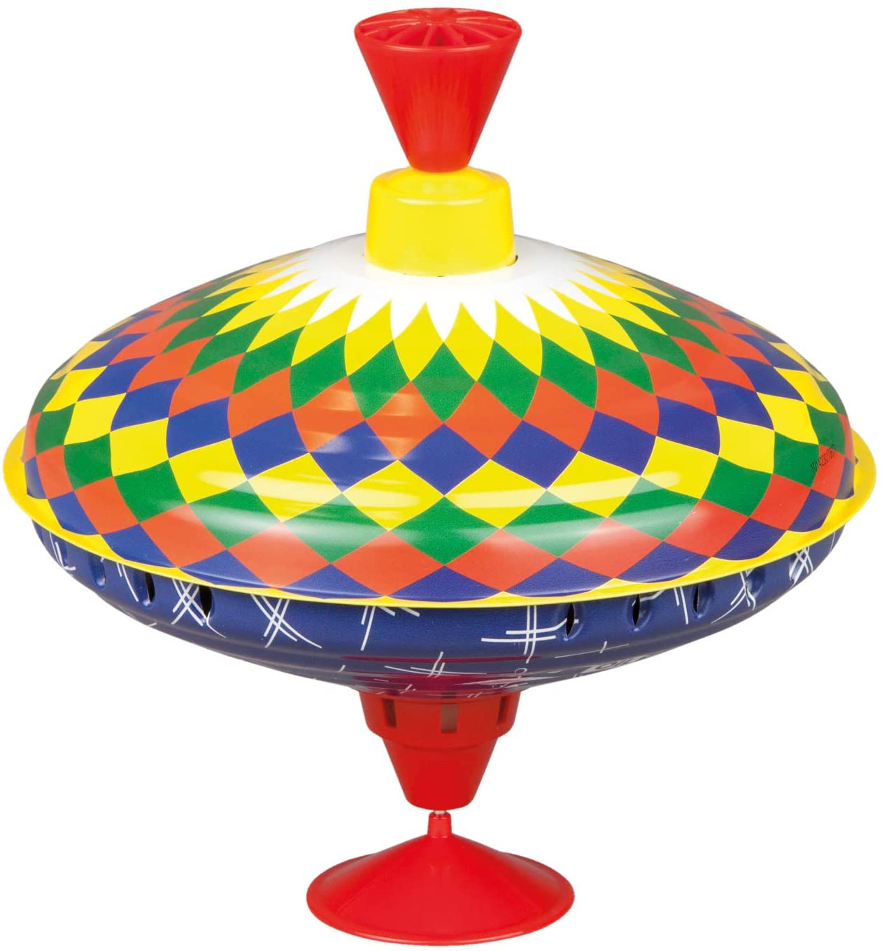 Lena 52225 Bolz Humming Top Multicoloured 19 cm, Tin Swing Top, Classic Pump Spinner with Colourful Motif, Spinning Top with Stand, Toy Spinning Top for Children from 18 m+, Colourful