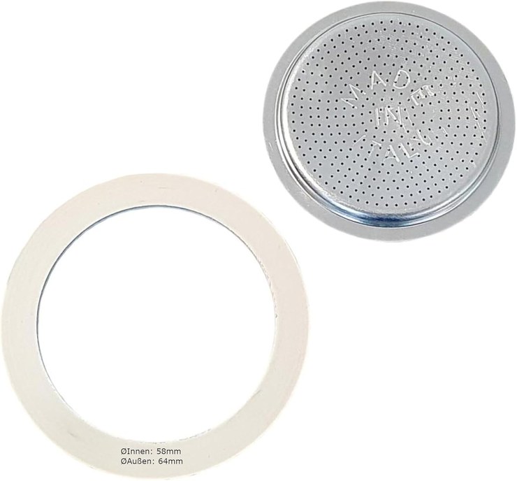 Harren24 Filter and Seal for Espresso Maker, Compatible with Bialetti Espresso Pot for 4 Cups, Outer Diameter 64 mm, 6.4 cm, Inner Diameter 58 mm, 5.8 cm, Replacement Seal, Sealing Ring