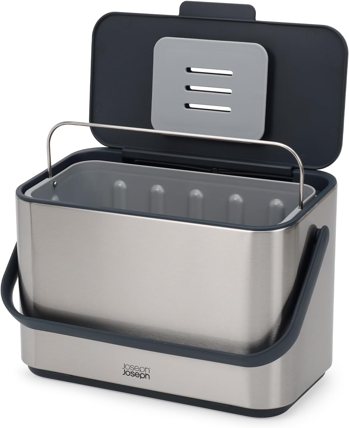 Joseph Joseph Collect 4L Stainless Steel Compost Bin Kitchen with Handle, Removable Inner Bucket and Storage, Includes Odour Filter and 3 x Bin Bags