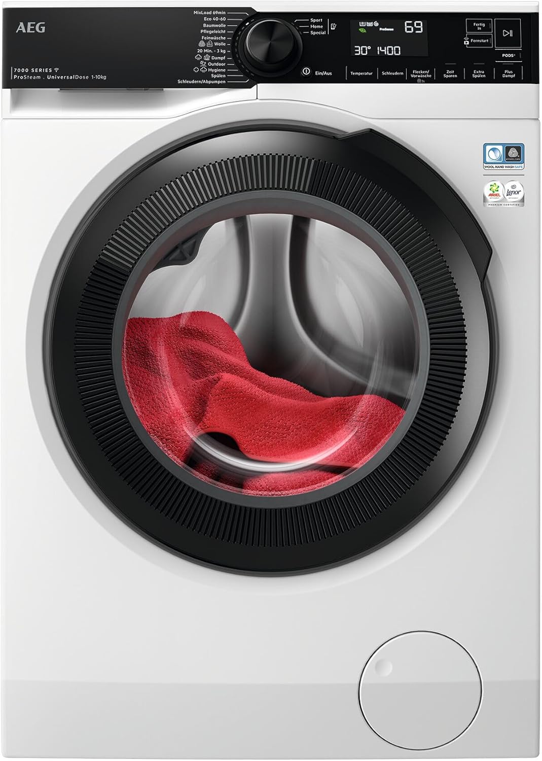 AEG LR7EW75400 Washing Machine, Series 7000 ProSteam: Refresher with Steam Instead of Washing, 10 kg, Quiet, Automatic Volume, A-40%, Energy Efficient, Water Stop, 1600 rpm