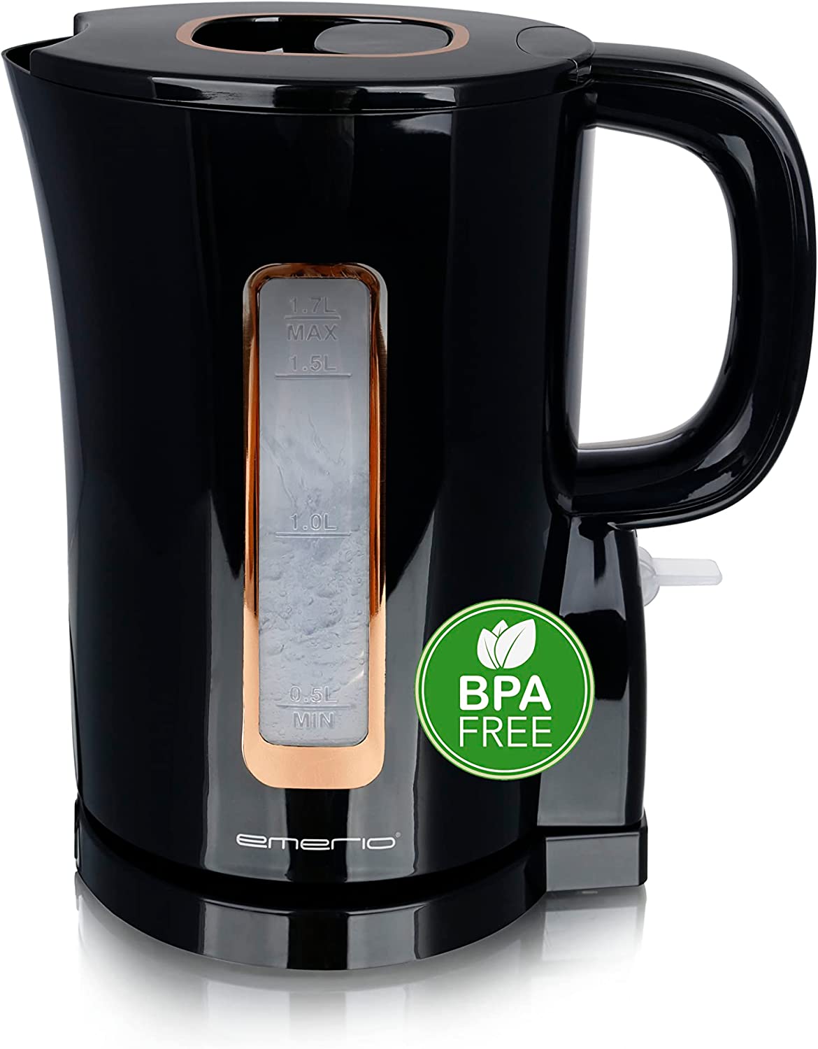 Emerio WK-125130 Kettle, 1.7 Litres, 2200 Watt, BPA-Free, Stainless Steel Heating Element, Water Level Indicator, Auto-Off, Boil-Dry Protection, Black/Gold