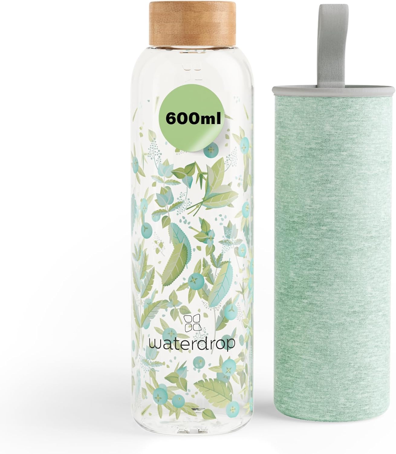 Waterdrop® Edition Glass Bottle 600 ml Leak-Proof Drinking Bottle Suitable for Carbonated Drinks, BPA-Free Water Bottle incl. Neoprene Case, Dishwasher Safe, Lightweight Borosilicate Glass Bottle