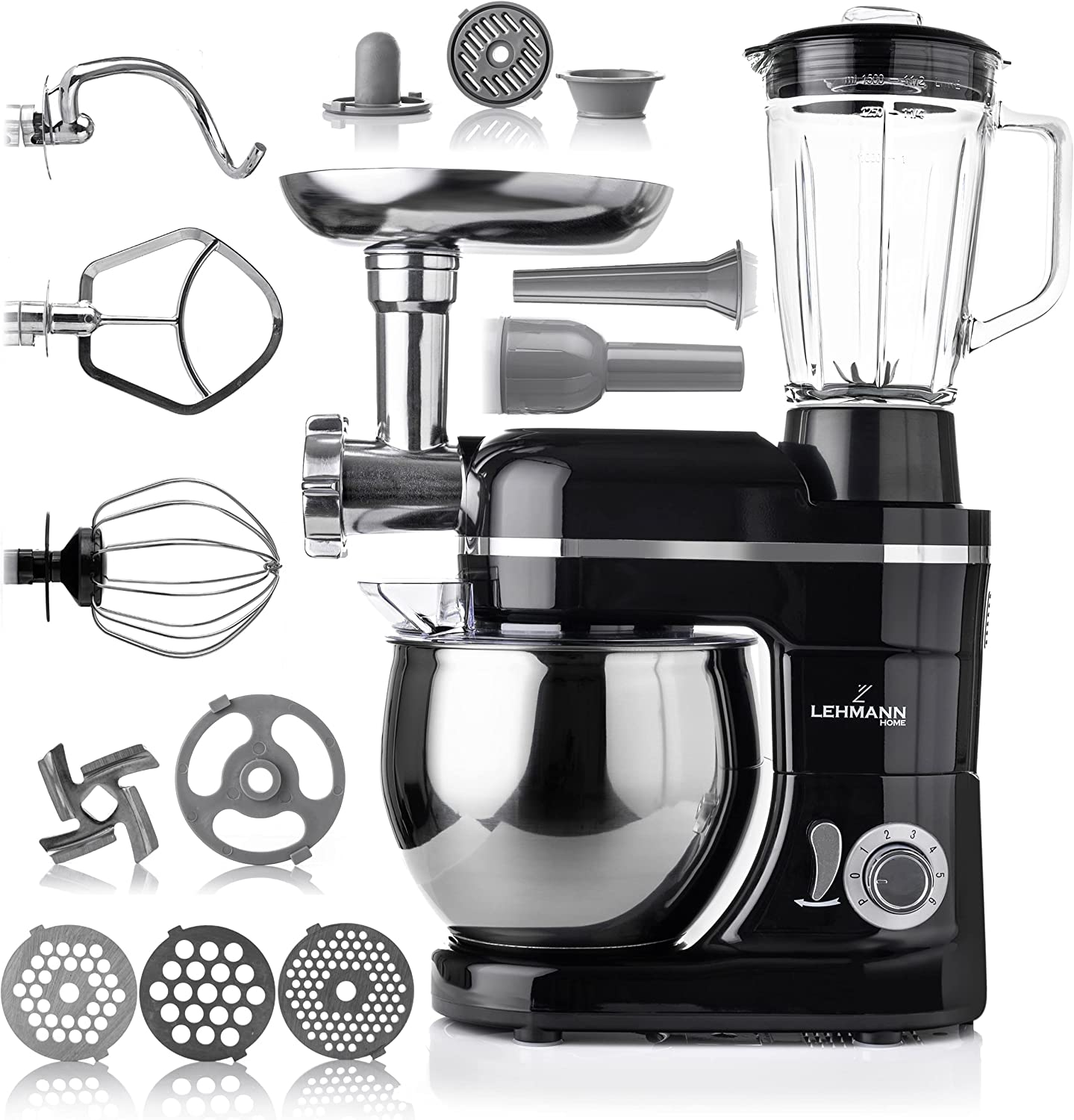 Lehmann Universal Food Processor 3-in-1 Set | Mixing Machine with Planetary Mixing System | Multifunctional Food Processor with Meat Mincer | Includes 1.5 l juicer and 5 l Stainless Steel Bowl