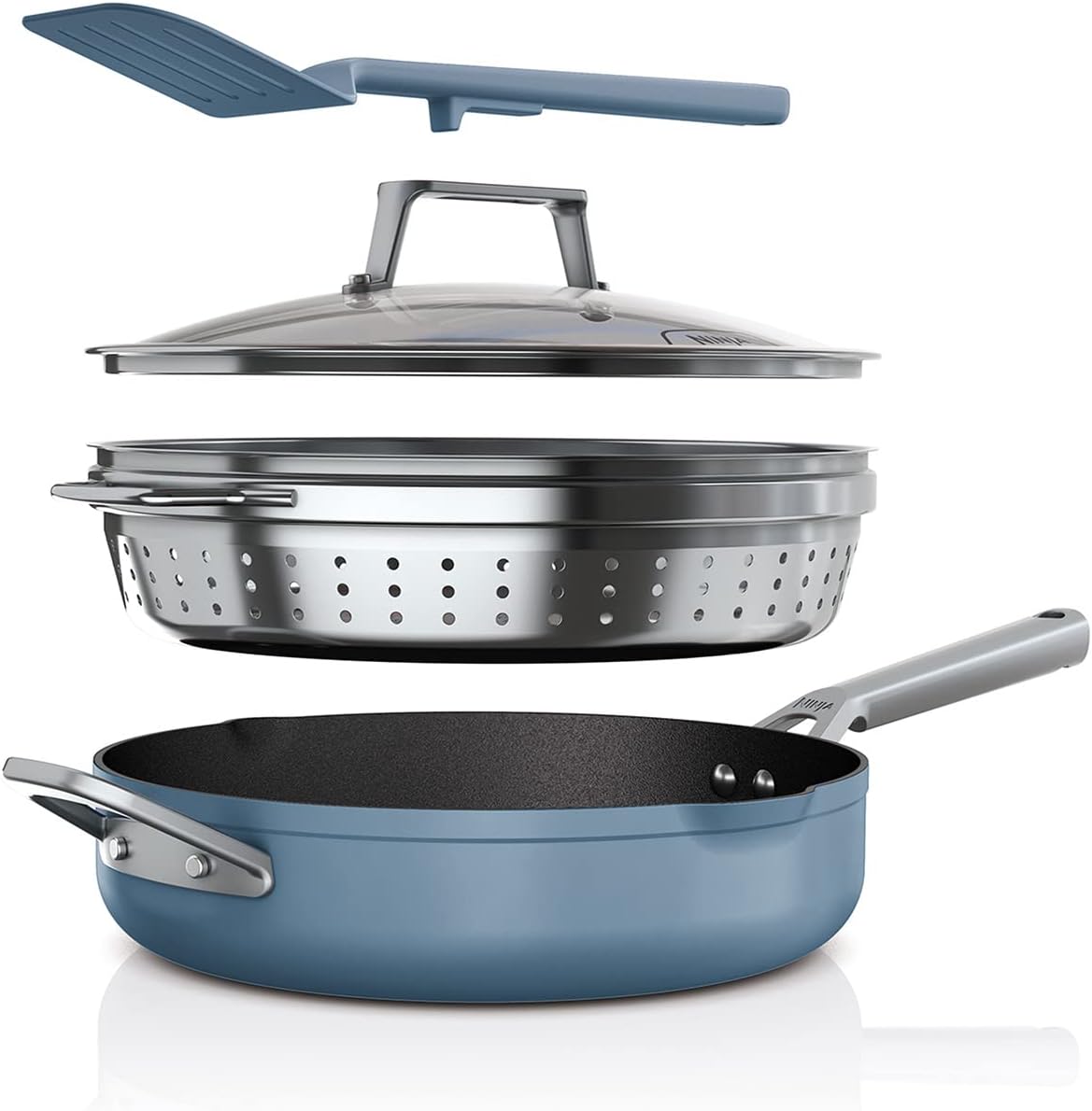 Ninja Foodi CW102BLUK 9-in-1 PossiblePan with ZEROSTICK, Steamer/Strainer, Spatula, Glass Lid, 3.8 L, Induction Compatible, Oven Safe up to 260 °C, Blue Macaron, Blue