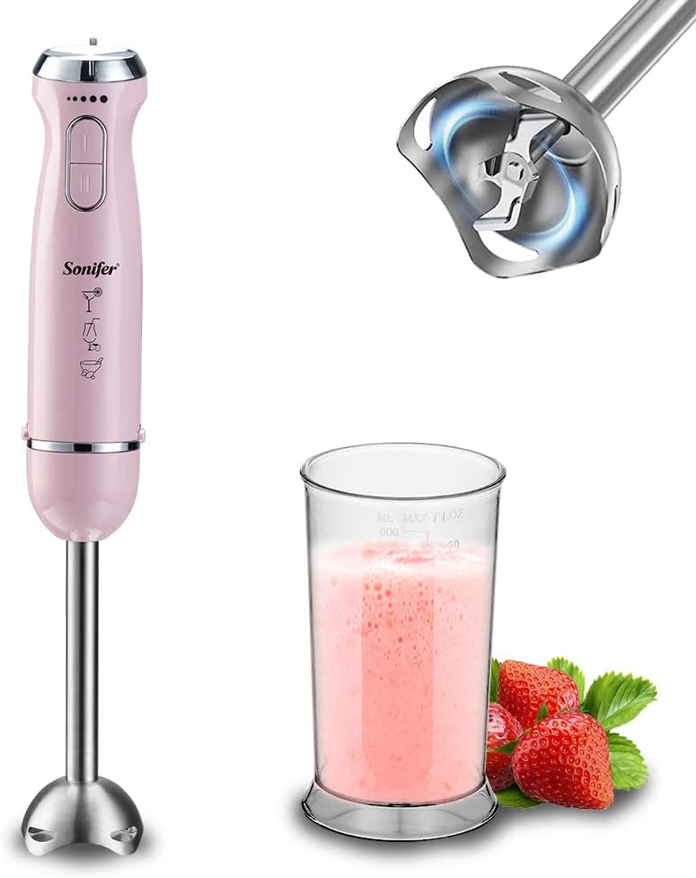 SONIFER Electric Hand Blender, Stepless Speed, Stainless Steel, Two Pieces, Turbo Button, One-Touch Separation, 1000 W, Assorted Colours, White|Green|Pink (Pink)