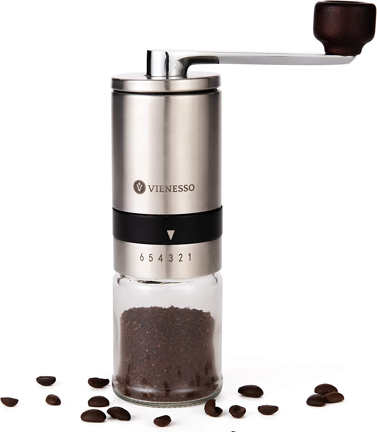 VIENESSO Viennesso Manual / Hand Coffee Grinder with Ceramic Grinder, Manual Coffee and Espresso Grinder With 6 Grinding Levels, Hand Coffee Grinder Made of Stainless Steel and Glass Container + E-Book (Silver)