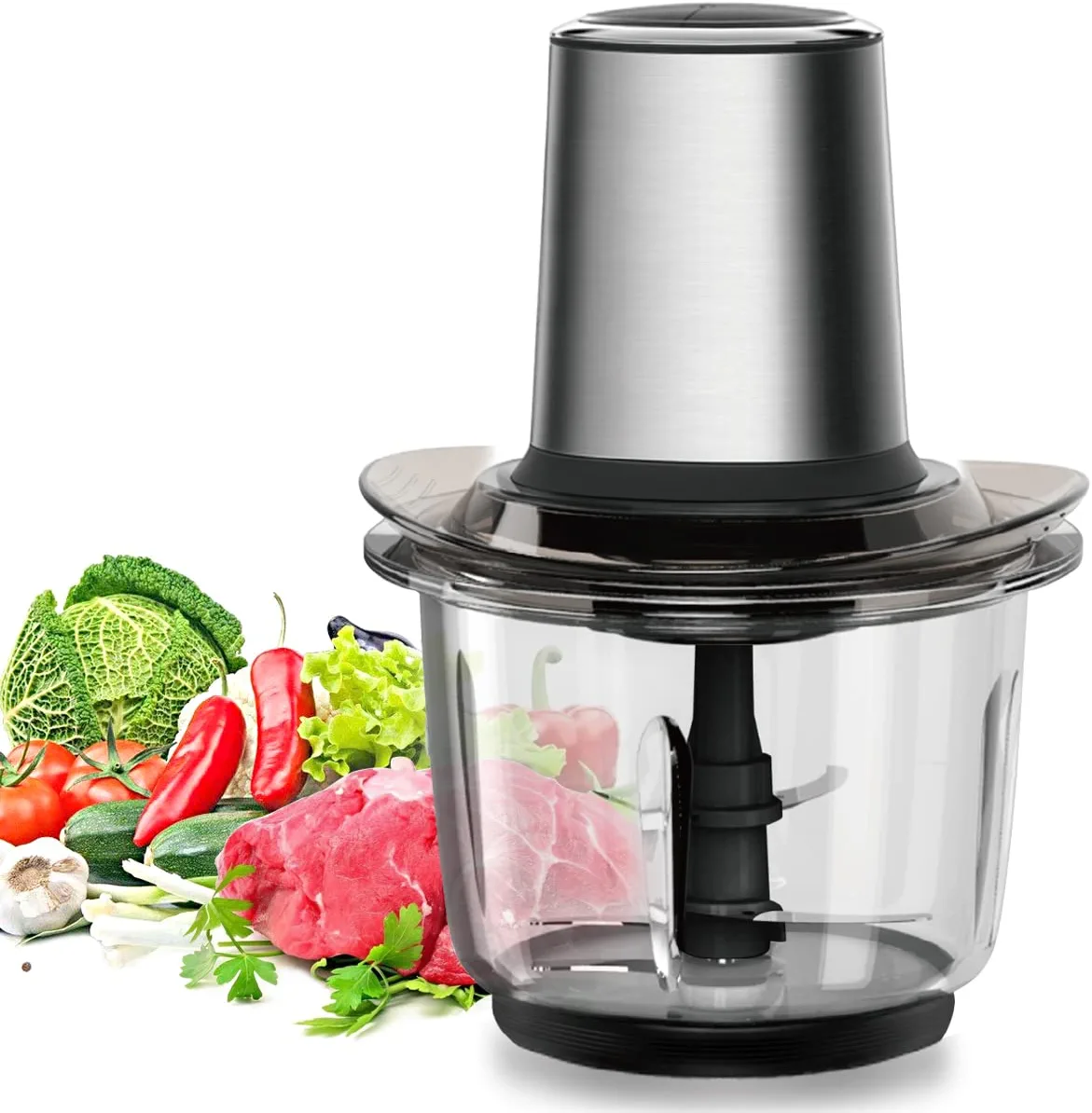 WAWORIO Chopper, Electric Chopper, 400 Watt Multi Chopper, Kitchen Electric Universal Chopper with 1.5 L Glass Container, 2 Speed Levels for Meat, Fruit, Vegetables and Baby Food