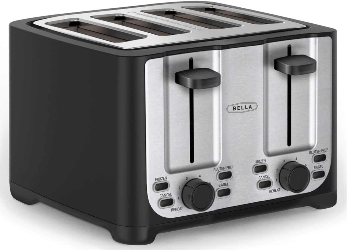 bella 4 Slice Toaster with Automatic Shut-Off, Extra Wide Slots and Removable Crumb Drawer as well as Demolition, Defrost and Reheat Function, Stainless Steel and Black