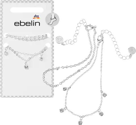 ebelin Anklets with rhinestones, silver look, 2 pieces