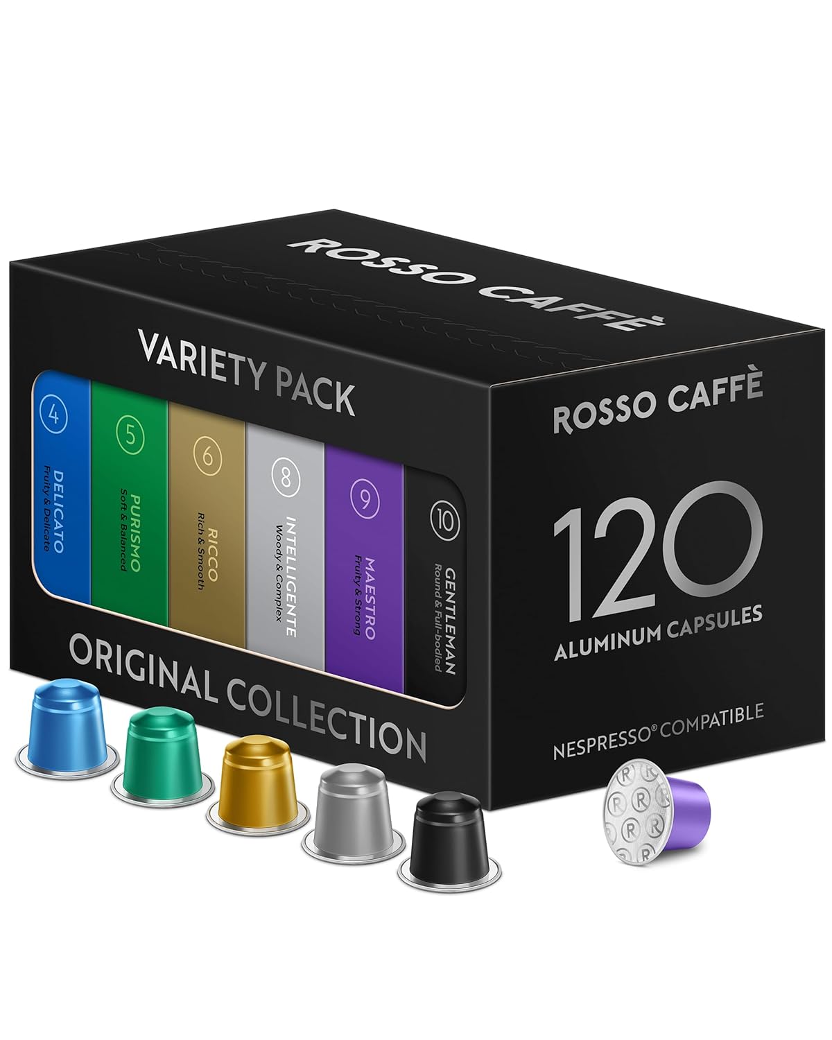 ROSSO CAFFÈ Nespresso Capsules, Pack of 120, Aluminum, 6 Premium Espresso Varieties Mixing Pack, Nespresso Compatible Coffee Capsules, Compatible with Original Capsule Machines