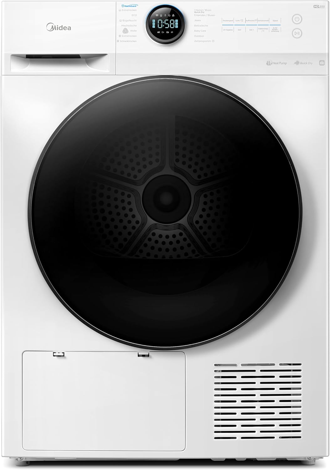 Midea MD20EH100WB-A3 Heat Pump Dryer 10 kg Energy Class A+++ UV Hygiene Wrinkle Protection Gentle Care Auto Dry Wool Care Refresh Remote Control Delay Start Time White [Energy Class A+++]