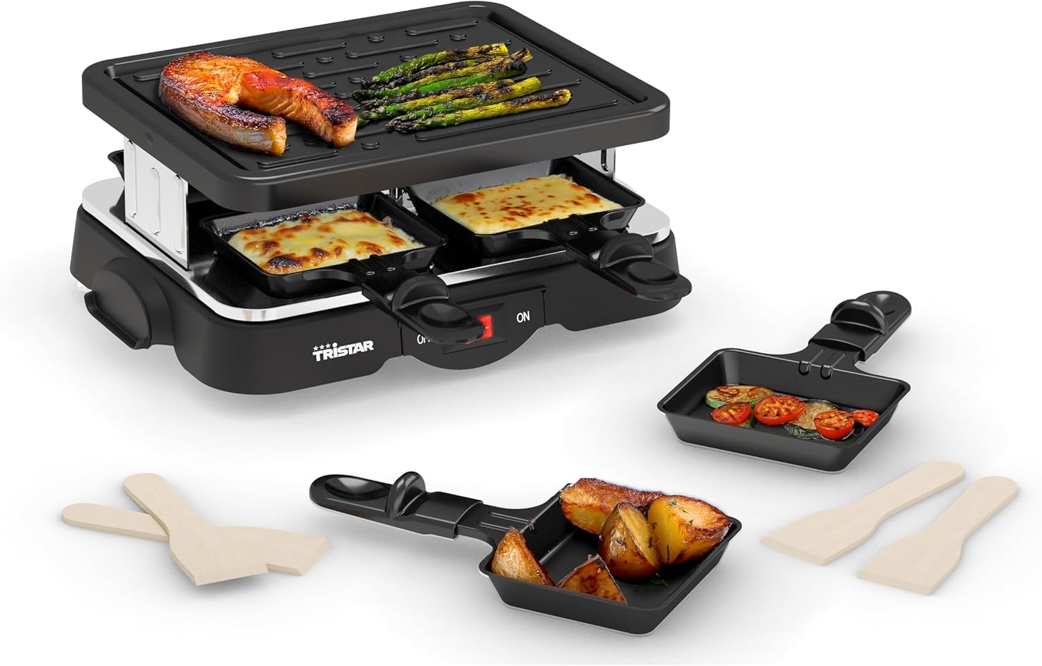 Tristar Raclette Grill for up to 4 People, 500 W, 4 Non-Stick Pans, Compact Design, Ideal for Camping and Small Households, RA-2949