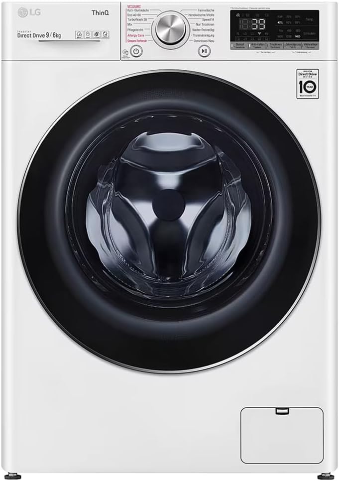 LG Electronics V7WD96H1A Washer Dryer with AI DD, 9 kg Wash, 6 kg Drying, 1400 rpm, Steam, TurboWash 360°, Feel-Good Drum, Wi-Fi Function, White