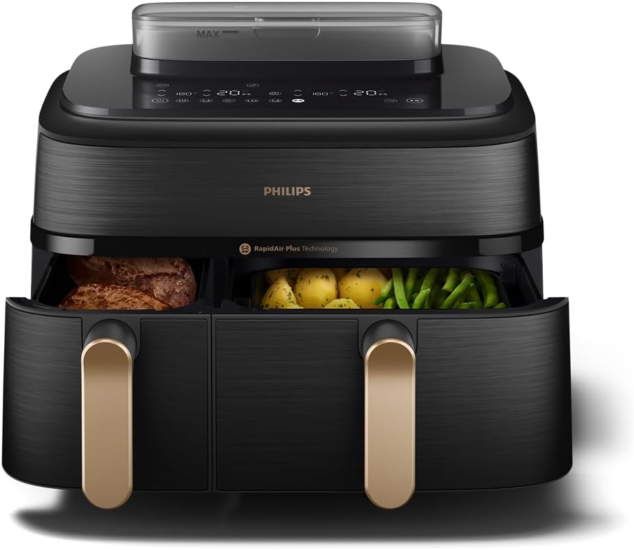 Philips Steam Airfryer 5000 Series Dual Basket Hot Air Fryer with Steamer Function & 2 Baskets - Steam, Airfry, SteamFy, 9L (3L+6L), RapidAir Plus, Automatic Steam Cleaning (NA552/00)