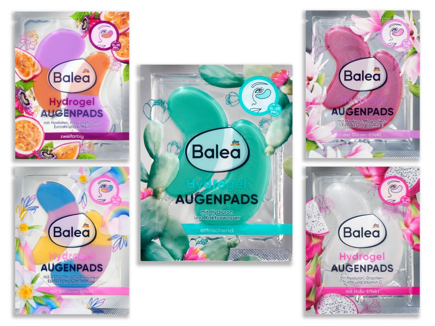 Balea Eye Pads Set with 10 Pads, 5 Different Eye Pads Trial Package Gift Set, Hydrogel Two-Tone, Hydrogel Glitter, Holo, Hydrogel Cactus Water, Hydrogel Rainbow (5 x 2 Pieces), 10 Eye Masks