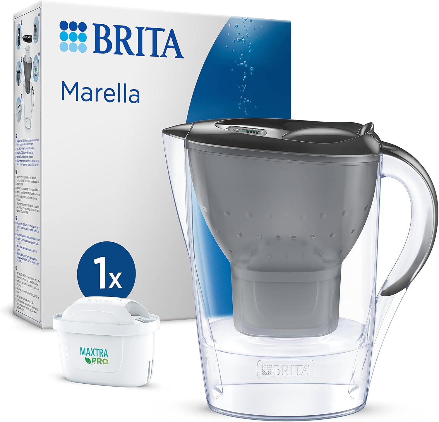 BRITA Marella Water Filter Jug Graphite (2.4 L) Including 1x Maxtra Pro All-in-1 Cartridge - Table Water Filter to Reduce Limescale, Chlorine, Lead, Copper & Taste-Disturbing Substances in Drinking