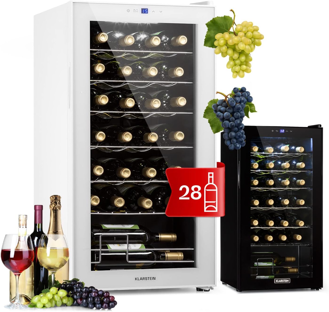 Klarstein Wine Fridge, 1 Zone Drinks Refrigerator, Small, Freestanding Small Wine Cabinet, 74 L Wine Fridge with Glass Door, Indoor/Outdoor Bottle Fridge, Wine Fridge 28 Bottles