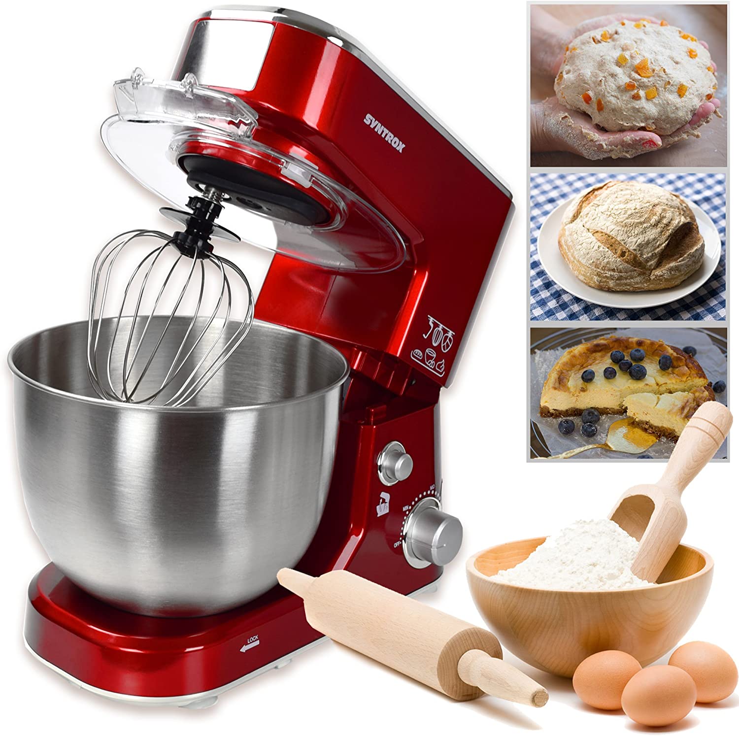 Syntrox Germany KM-1000W Food Processor Kneading Machine Mixer, Stainless Steel Container, 5 Litres, Red