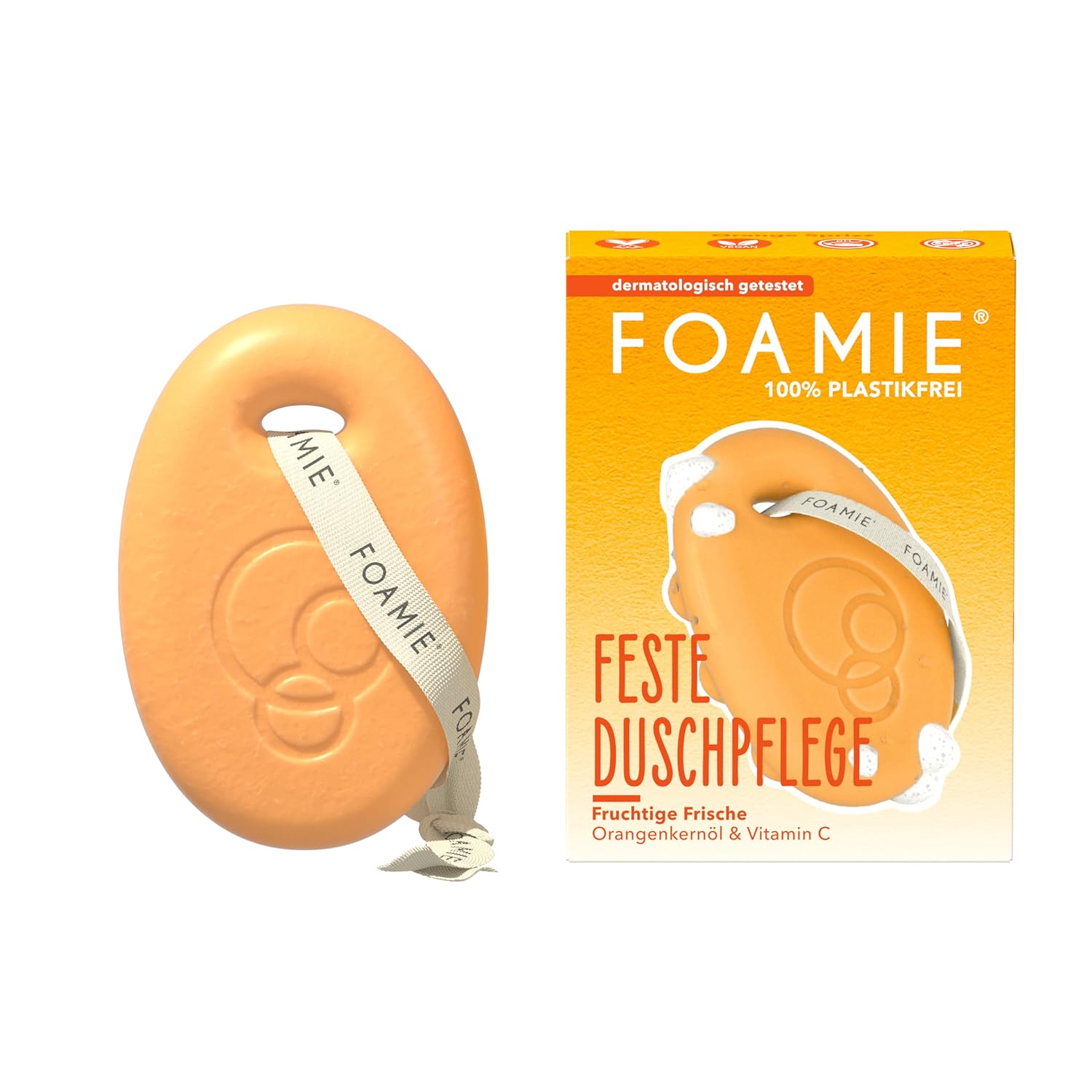 Foamie Solid Shower Care Orange Sprizz | 3-in-1: Cleans, massages & cares | With Monoi Oil | Summery scent | Moisturizing | pH skin-neutral | Vegan & plastic-free | 80g