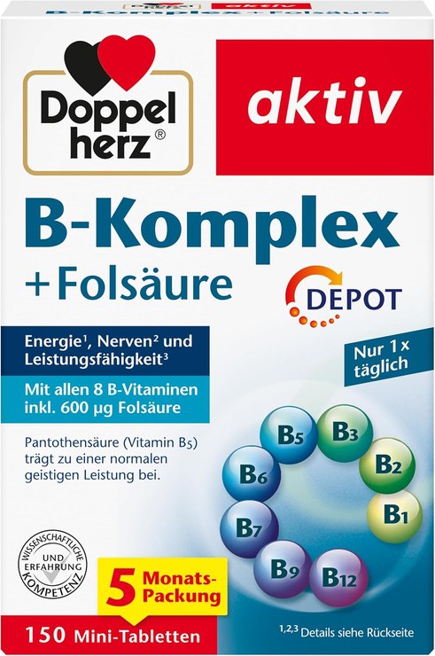 Doppelherz B Complex Depot with Folic Acid - B Vitamins as a Contribution to the Normal Function of the Nervous System and Normal Energy Metabolism - 150 Mini Tablets