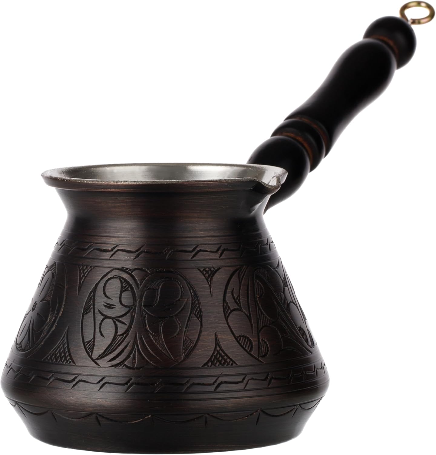 Turkish Copper Coffee Pot Cezve/Ibrik – Handmade, Hand Engraved, 1mm Thick, Wooden Handle, 450 ml (5–6 Cups) – Gas & Electric Stovetops (Not Induction) + Spoon (Antique)