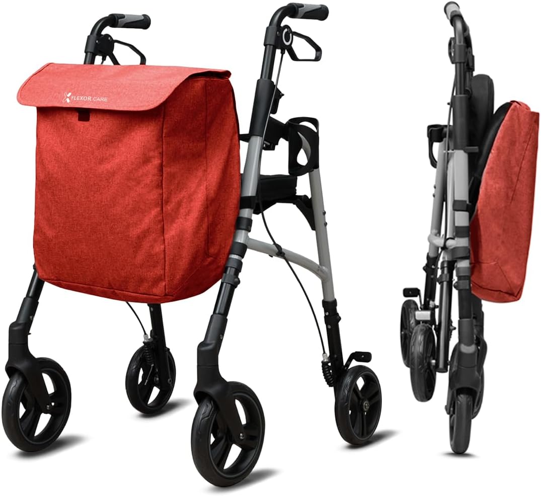 Flexor Walker, Red, Lightweight, Foldable, Height Adjustable, Maximum Load 136 kg, Seat with Backrest, Large 360° Castors, Removable Bag, Comfort and Mobility for Seniors