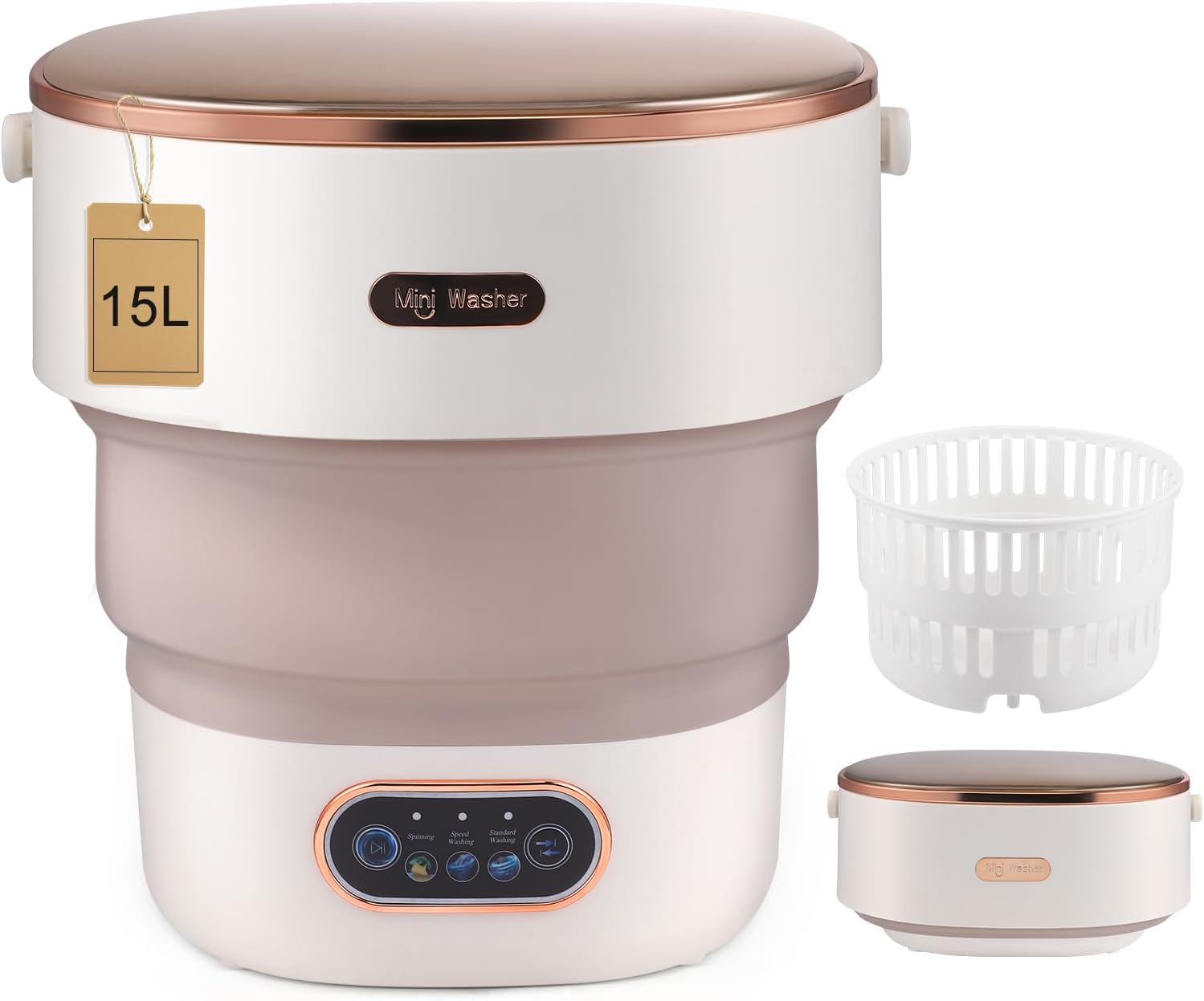 Mini Washing Machine, 11L Foldable Washing Machine with Spin Function, Portable Travel Washing Machine, Camping Mobile Washing Machine for Travel, Students, Motorhome (15L Khaki)