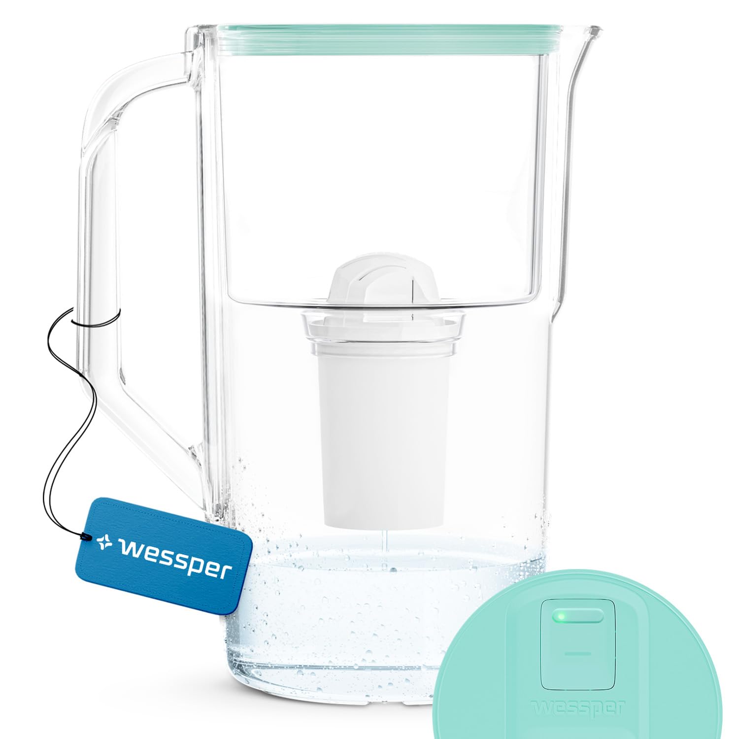 Wessper Water Filter Jug Filter Jug 2.8 L with Manual Filter Wear Indicator, Water Filter Jug Table Water Filter Modern Water Filter Jug Reduces Chlorine Limescale Heavy Metals - Mint