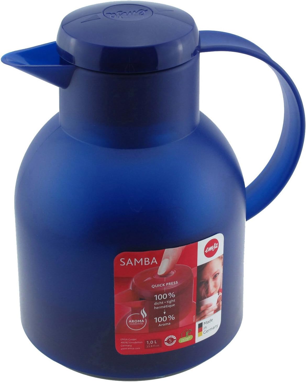Emsa Samba 504231 Insulated Jug, 1 Liter, Quick Press Closure, 100% Leak-Proof, 12 Hours Hot, 24 Hours Cold – Translucent Blue, Polypropylene