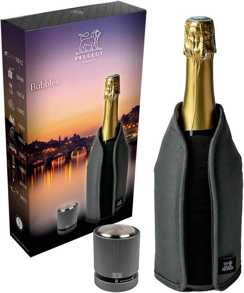 PEUGEOT - Gift Set Bubbles - Frizz Gray Cooling Cuff + Line Carbon Champagne Stopper - Perfectly Chilled in 20 Minutes - Airtight Sealing & Storing Open Bottles Made Easy