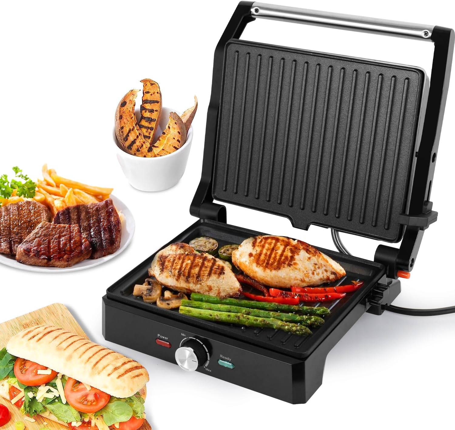 SUPERLEX XXL Kontaktgrill Tischgrill 2000W für Steak, Sandwich Maker, Panini Grill, Toaster mit antihaftbeschichtung, Mehrwinkelig Öffnung Grill