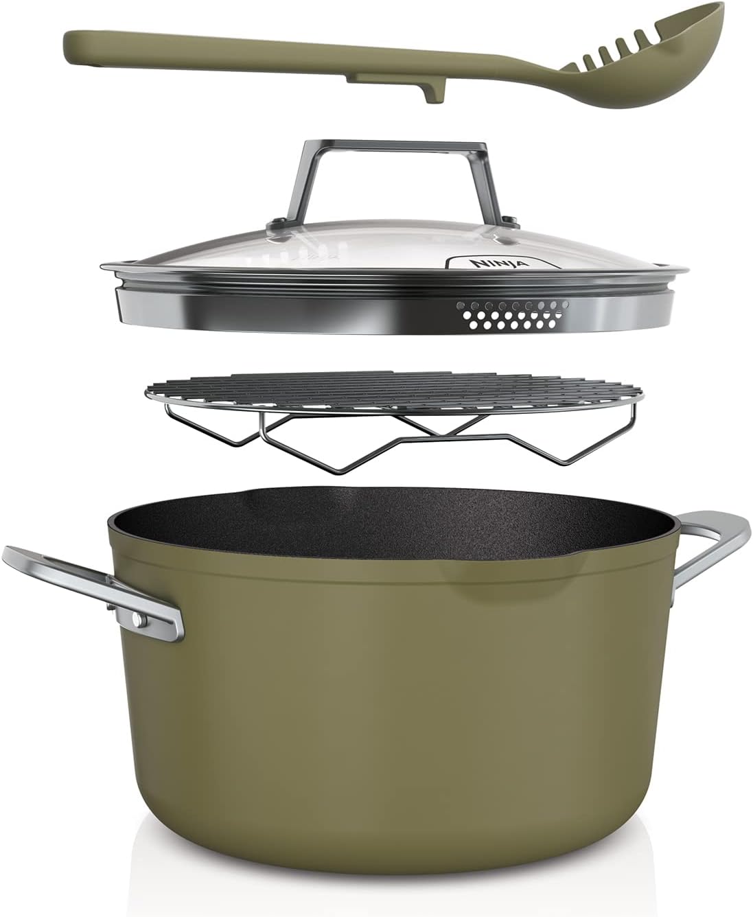 Ninja Foodi 8-in-1 PossiblePot with ZEROSTICK, Roasting/Steam Rack, Strainer, Utensil, Glass Lid, 6.6 L, Induction Compatible, Oven Safe up to 260 °C, Olive Green CW202GNUK