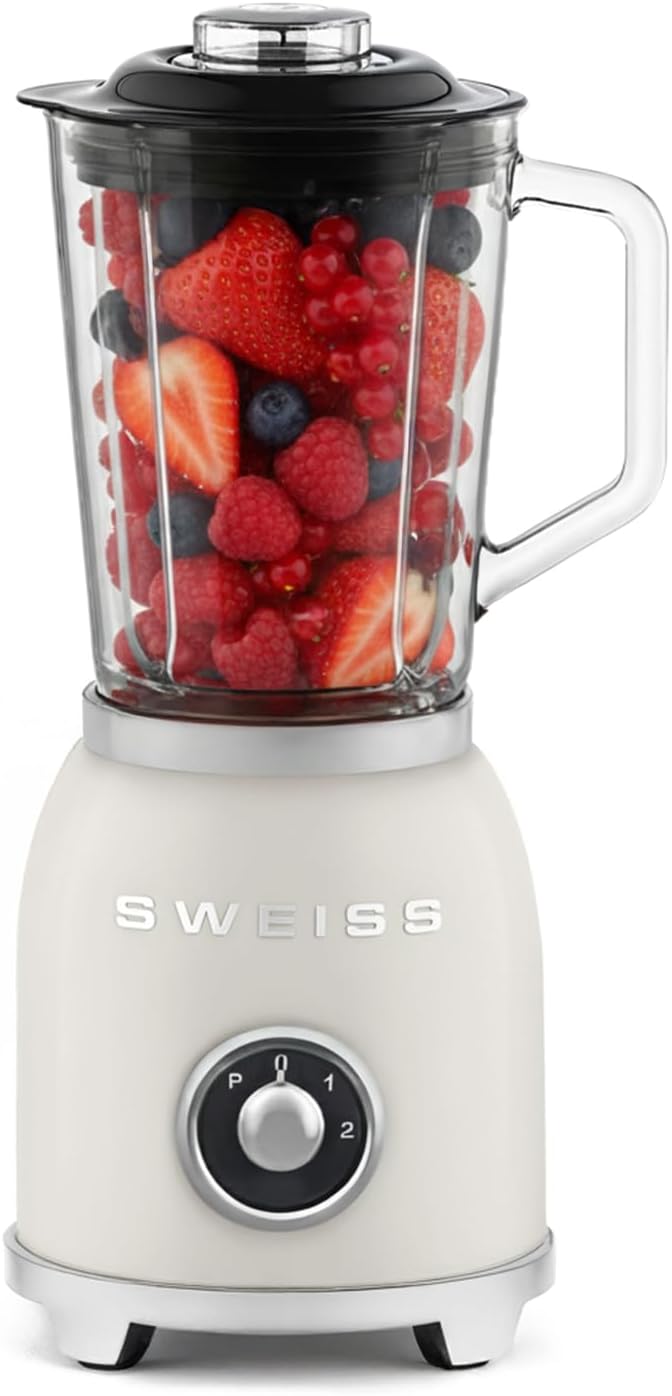 SWEISS Blender Smoothie Vintage MXV8, 2 Speeds and Pulse Function, 6 Stainless Steel Blades, 1.5L Capacity, Glass Jar, Non-Slip Feet, Safety Lock, 1000W, Beige