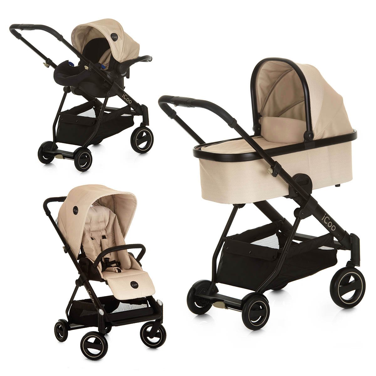 iCOO Acrobat XL Plus Trioset Height Adjustable Buggy up to 25 kg with Reclining Function and Footmuff + Baby Carrier from Birth, Small Folding with One Hand, Lightweight, Reflectors - Beige