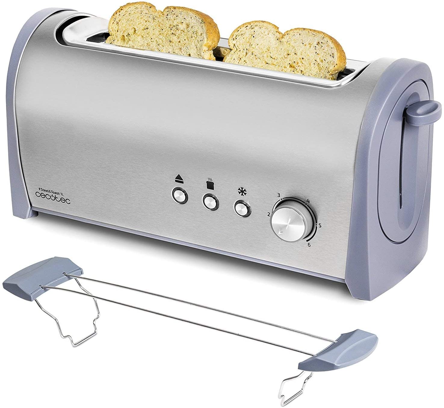 Cecotec Steel&Toast 1L Steel Toaster. 6 Power Levels, 2 Toasts, 3 Functions (Toasting, Reheating, Defrosting), Includes Bun Attachment, with Crumb Tray, 1000 W.