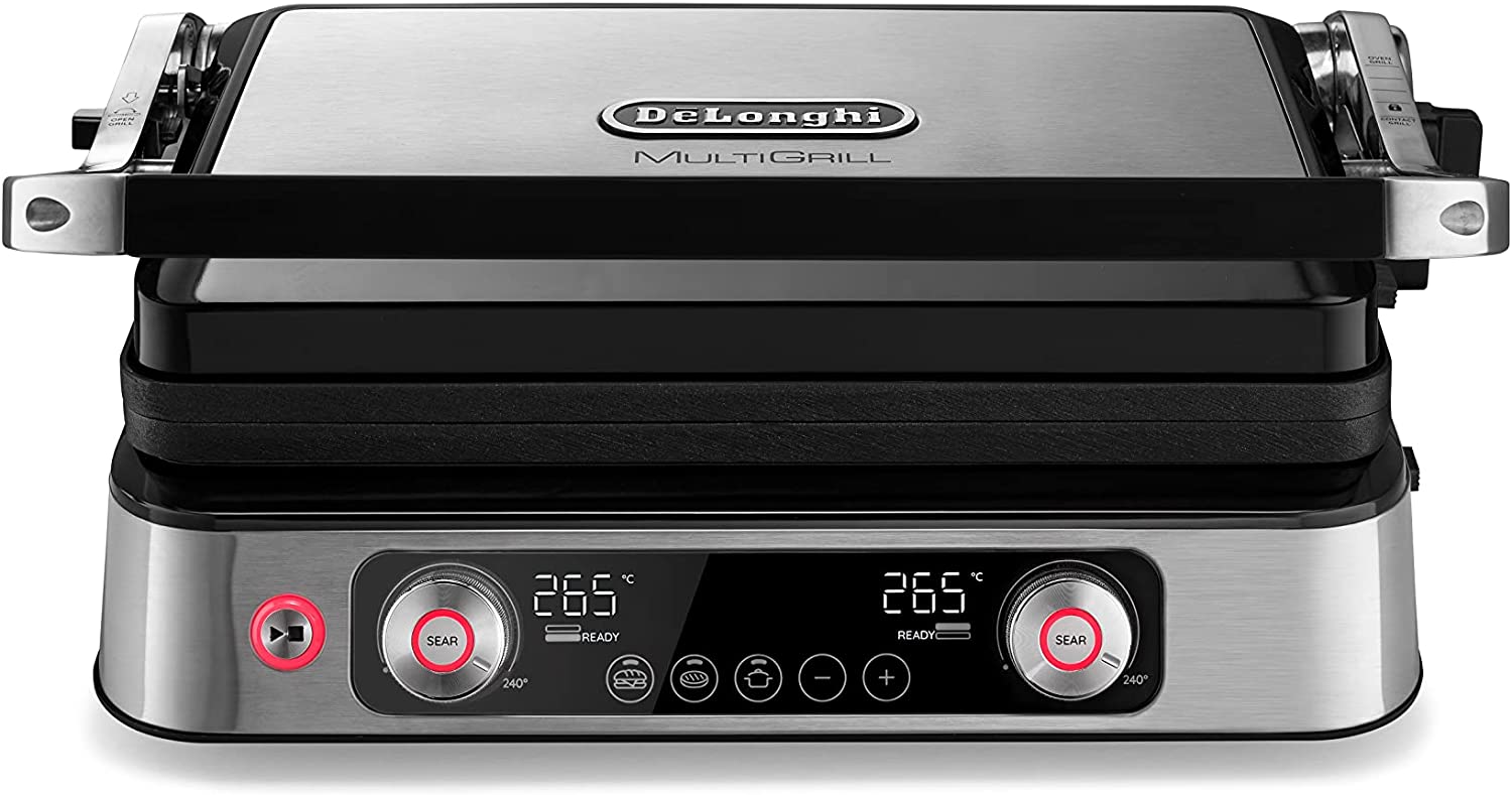 DeLonghi De\'Longhi CGH1112D MultiGrill 1100, Electric Grill with App, 2 Independent Thermostats, Electronic Temperature Control, Dishwasher Safe Plates, 2200 W, Silver