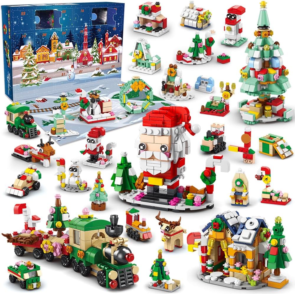 Christmas Advent Calendar Kit - Countdown Playset 2024, 24 Collectible Surprises for Children, Christmas Toys Including Santa Claus Christmas Tree Railway, Boy Girl 6-12 (1122 Pieces)